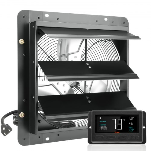 VEVOR Shutter Exhaust Fan, 356 mm with Temperature Humidity Controller, EC-motor, 1024 CFM, Variable Speed Adjustable Wall Mount Attic Fan, Ventilation and Cooling for Greenhouses, Garages, Sheds