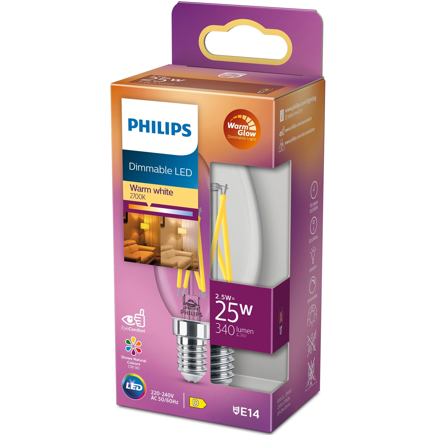 Philips Filament LED-kynttilälamppu 2,5W (25W) E14 340lm Himmennettävä Lämmin valkoinen B35 Kirkas IP65