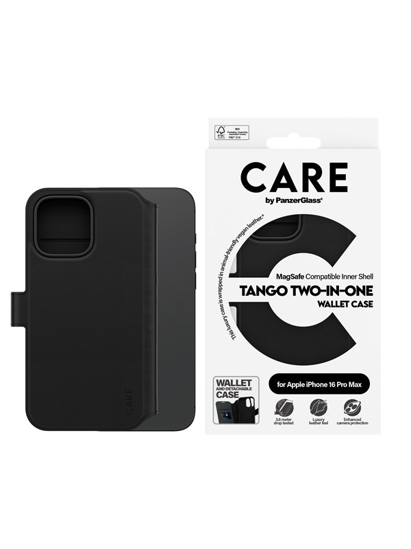 PanzerGlass CARE by PanzerGlass Tango Two-in-One Wallet Case MagSafe-yhteensopiva -lompakkokotelo, Apple iPhone 16 Pro Max, musta