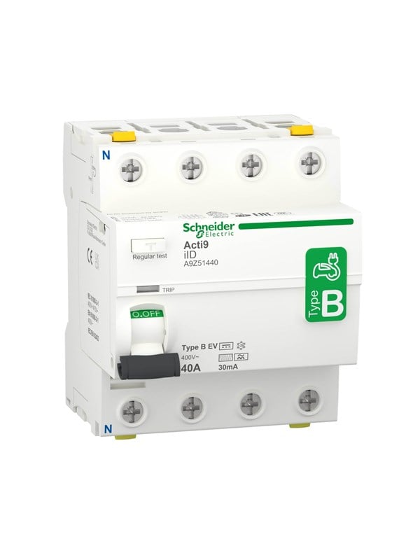 SCHNEIDER ELECTRIC RCCB HPFI -katkaisija 4P 40A 30mA luokka B, erityisesti suunniteltu EV-sähköajoneuvon laturiin AC/DC
