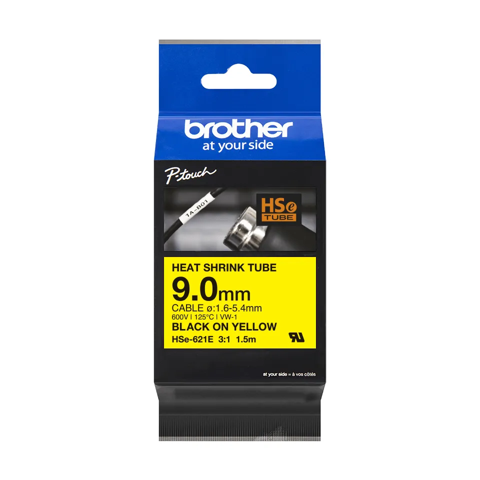Brother HSe-621E - Musta keltaisella - Rulla (0,9 cm x 1,5m) 1 kasetti(t) ripustuslaatikko - kutistemuoviteippi - P-Touch PT-D800W, PT-E300, PT-E300VP, PT-E550WVP, PT-P700, PT-P750W, PT-P900W, PT-P950NW, PT-P900W, PT-P950NW