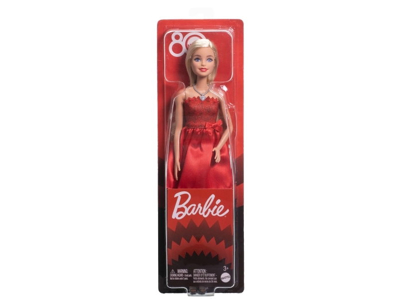 Barbie 80-vuotisjuhlavuoden rubiininpunainen nukke ja kaulakoru