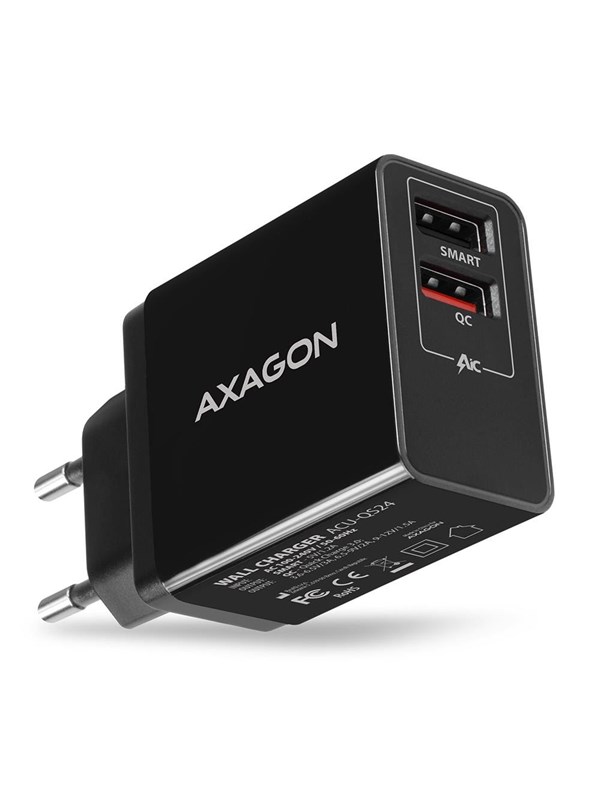 AXAGON ACU-QS24 Laturi, 2x USB-A, QC3.0/Smart 5V 1.2A, 24W - musta