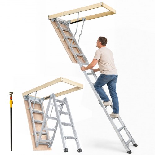 VEVOR Attic Ladder Foldable, 158.8 kg Capacity, 57.15 cm x 160 cm, Multi-Purpose Aluminium Extension, Lightweight and Portable, Fits 2.9m-3.7m Ceiling Heights, Convenient Access to Your Attic Standard