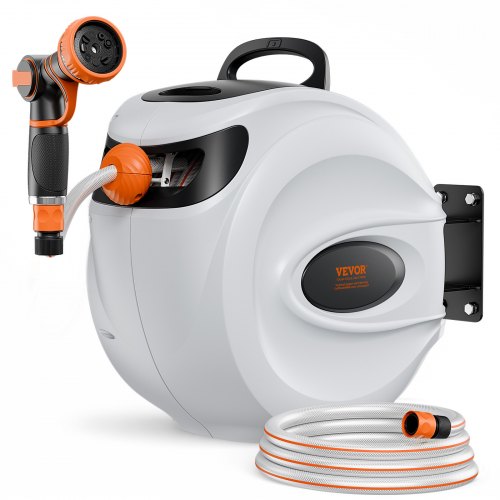 VEVOR Retractable Garden Hose Reel, 1/2" x 131.23 ft Wall Mounted Hose Reel, Heavy Duty Garden Hose Reel with 9 Patterns Nozzle, Any Length Lock, Auto-Rewind Slow Return System and 180°Swivel Bracket