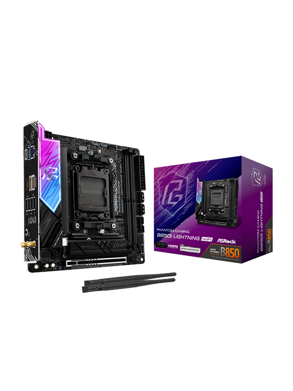 Asrock Phantom Gaming B850I Lightning WiFi, AMD, Pistoke AM5, AMD Ryzen 7000 Series, AMD Ryzen 8000 Series, AMD Ryzen 9000 Series, Pistoke AM5, DDR5-SDRAM, 128 GB