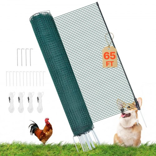 VEVOR Temporary Fence with Posts, 1.2 x 20m Plastic Mesh Fencing, Garden Safety Fences Netting with Double-Spike Stakes & Guy Ropes, Temporary Fence for Dogs, Chickens, Plants, Outdoor Yards