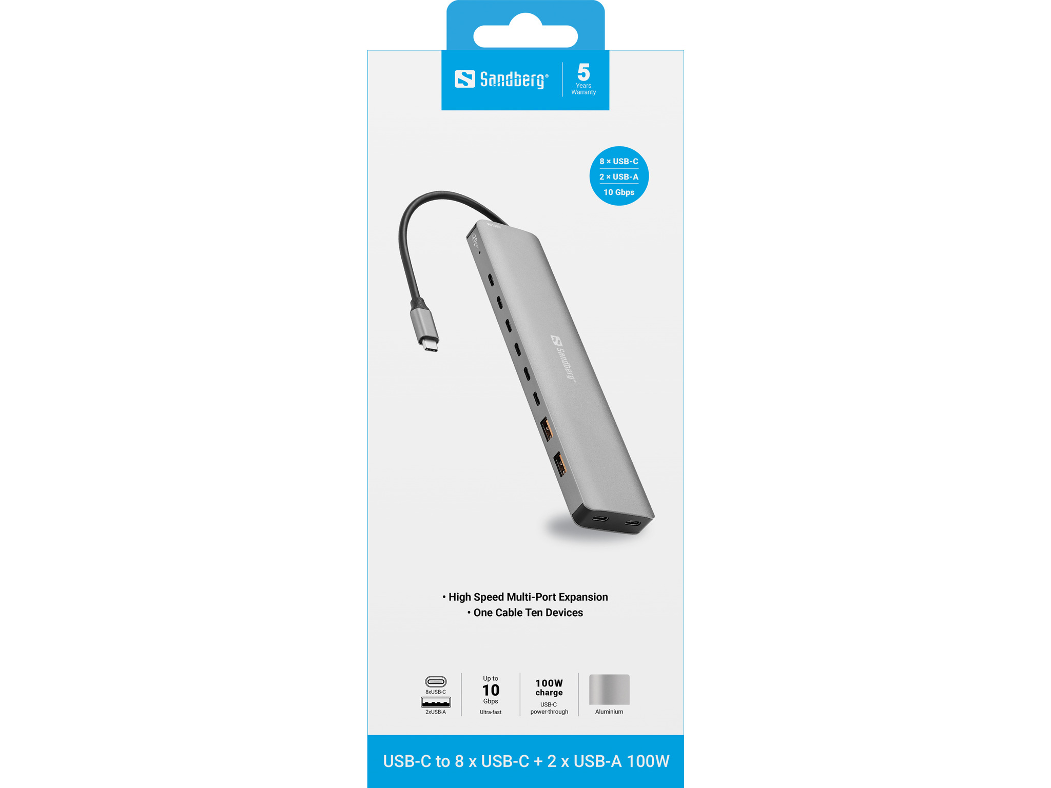 Sandberg USB-C to 8xUSB-C+2xUSB-A 100W USB hub - 10 porttia - Harmaa