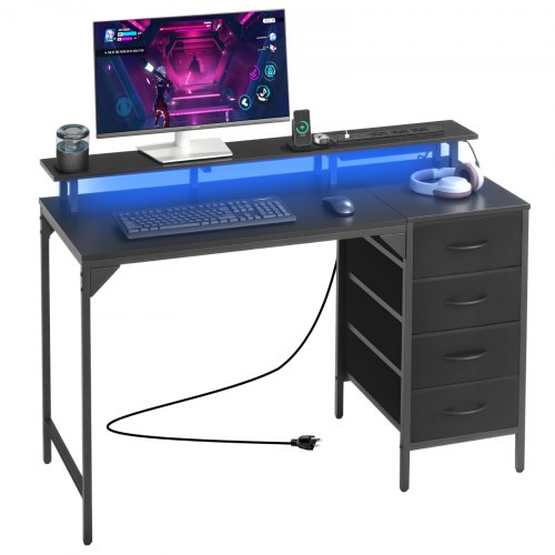 VEVOR 120 cm Computer Desk with Smart LED Lights and Power Outlets, Gaming Office Desk with 4 Large Drawers, Monitor Stand, Study Work for Home Office, Small Spaces, Easy Storage, Black