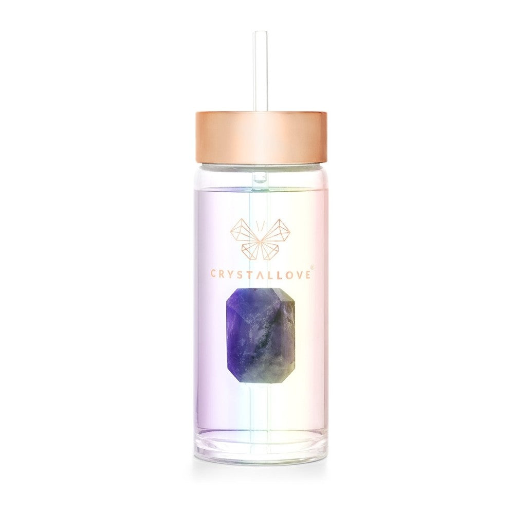 Crystallove Clear Quartz Straw Water Bottle lasinen juomapullo pillillä Hologram - Amethyst 400 ml