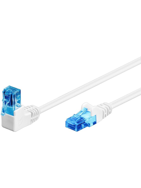Goobay Patchkabel CAT 6A, 1x 90° vinklad, U/UTP, vit kopparklädd aluminiumtråd (CCA), snäpplås på toppen