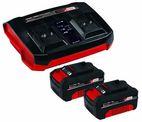 Einhell PXC-aloituspakkaus, jossa on kaksi 4.0Ah akkua ja Twincharger Kit 1.