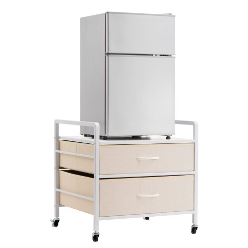 VEVOR Mini Fridge Stand with Storage, 176 lb-Capacity Mini Fridge Table with 2 Drawers & 4 Swivel Wheels, Mobile Mini Fridge Shelf, White Mini Fridge Organizer for Dorm, Apartment, Office, Bedroom