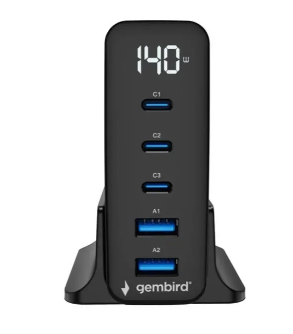 Gembird USB-laturi - 5-porttinen 140 W GaN USB-pikalaturi, musta