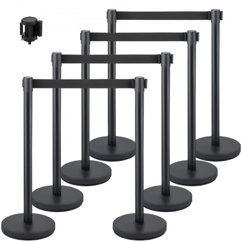 VEVOR Crowd Control Stanchion, 8 Pieces Stanchion Set, with 6.6 ft/2 m Black Retractable Belt, Black Crowd Control Barrier with Concrete and Metal Base, Easy Connect Assembly