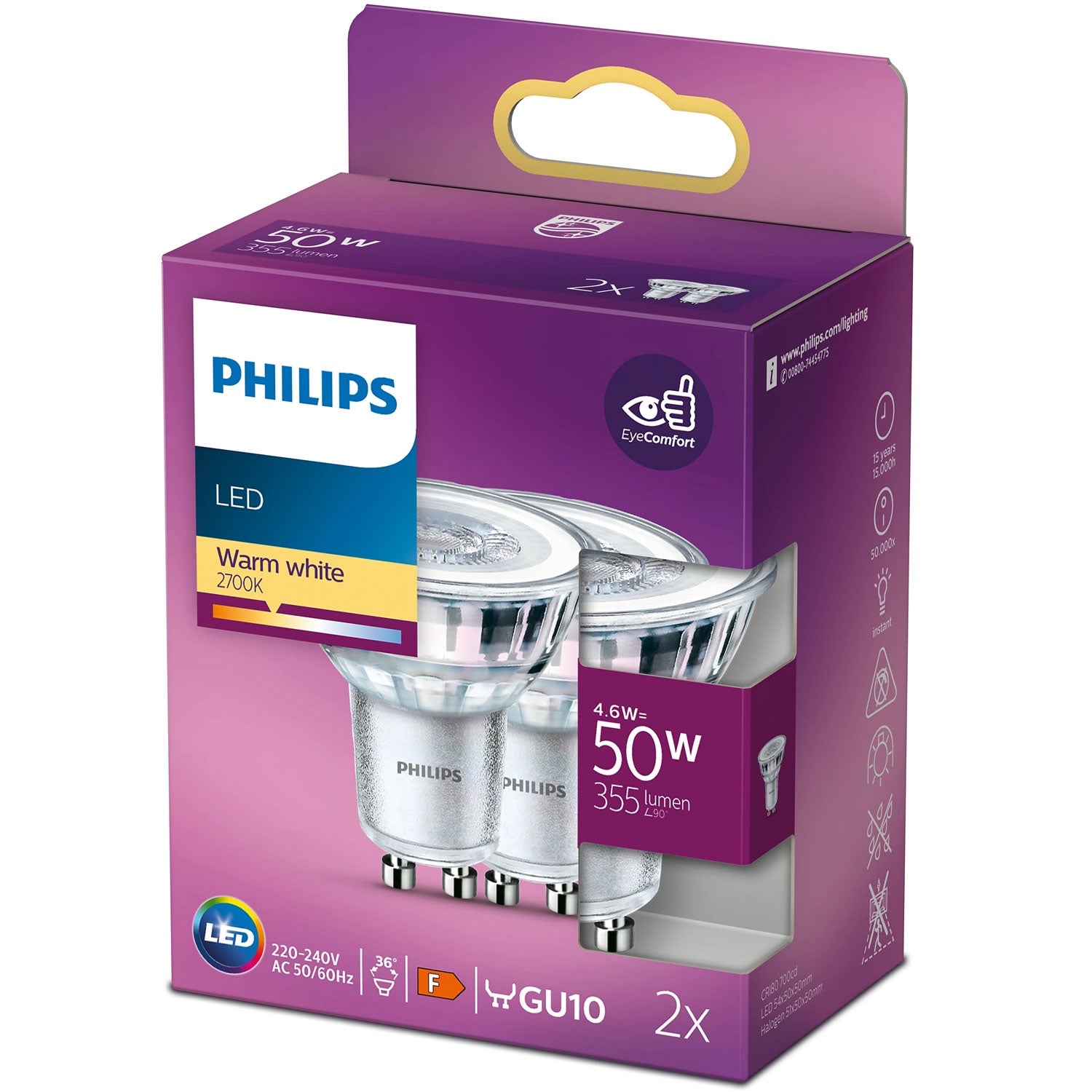 Philips LED-heijastin GU10 4,6W 2 700 K 36° 2 kpl