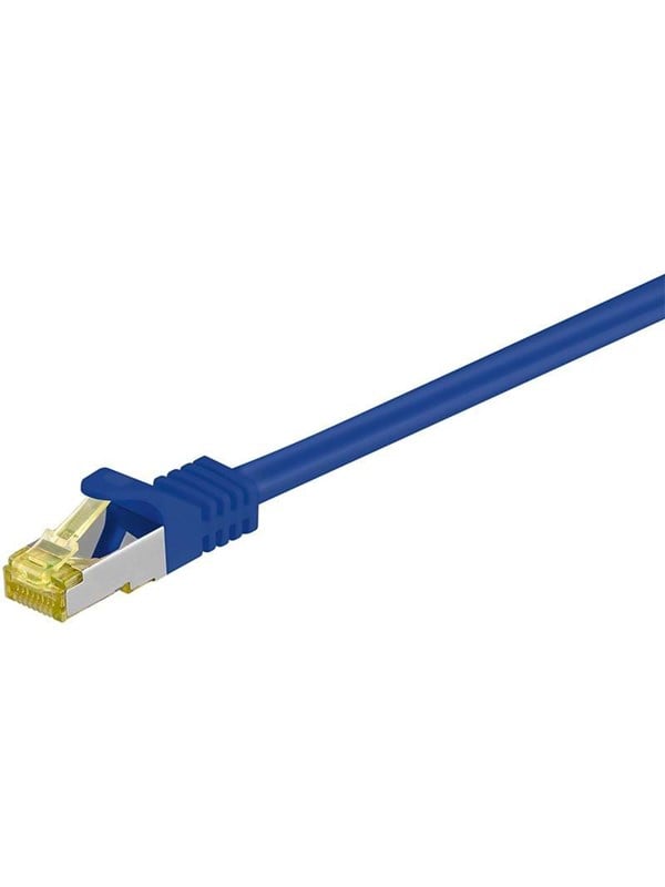 Goobay RJ45 patchkabel S/FTP (PiMF), 500 MHz, med CAT 7 råkabel, blå, 1 m LSZH halogenfri kabelhölje, koppar, RJ45-kontakt (CAT 6A)