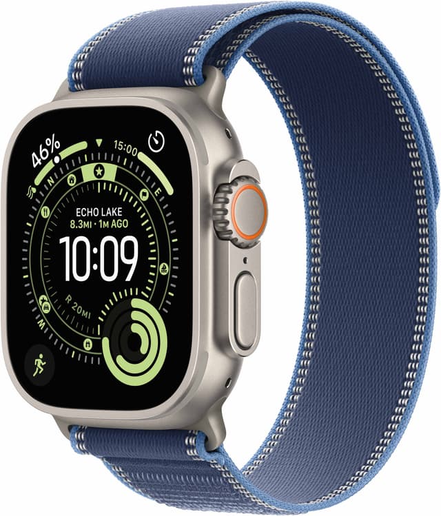 Apple Watch Ultra 3 GPS + Cell 49 mm luonnonvaalea titan, sininen/kirkkaansininen trail-ranneke - S/M