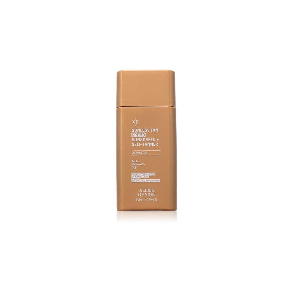 Allies of Skin Sunless Tan SPF 50 Sunscreen + Self-Tanner itseruskettava voide, jossa on aurinkosuojakerroin 50, 50 ml