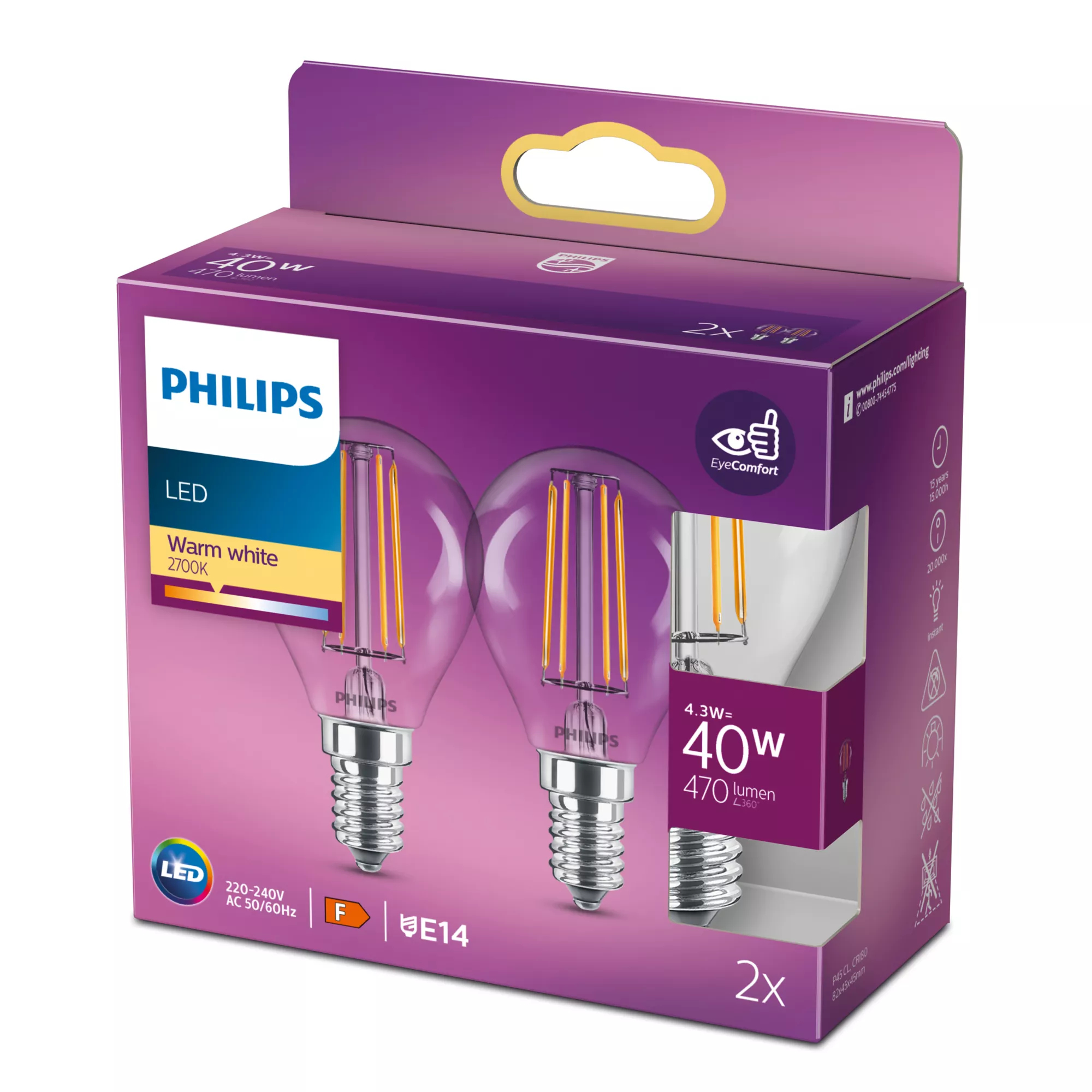 Philips Led E14 Globe Clear 3.4w (40w) 470 Lumen 2-pack