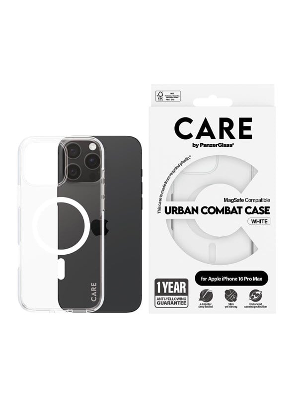 PanzerGlass CARE™ by ® Urban Combat Case Transparent w. White MagSafe iPhone 16 Pro Max, Suojus, Apple, Apple - iPhone 16 Pro Max, Läpinäkyvä