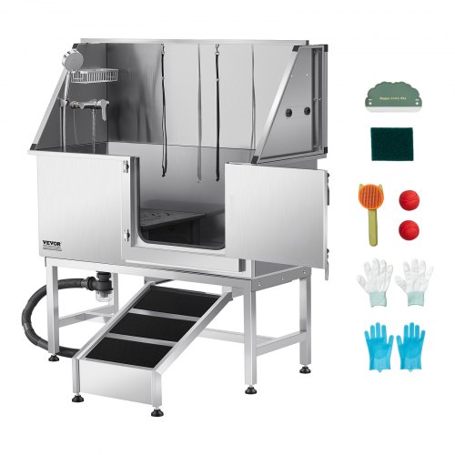 VEVOR Stainless Steel Dog Washing Station, 127 cm Pet Grooming Tub w/ Ramp, PE Water Filter Board, Faucet & Showerhead & Soap Holder Dog Bathtub for Large & Medium & Small Pets (Right Door)