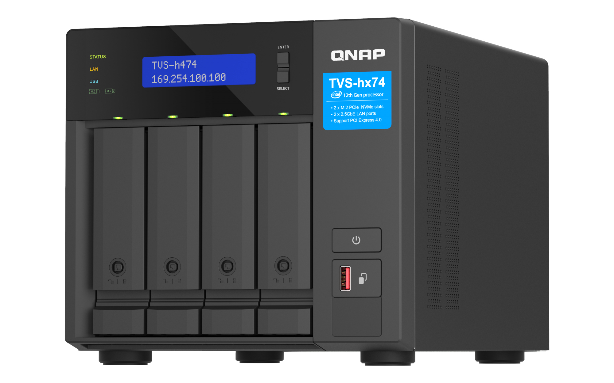 QNAP TVS-H474 - NAS-palvelin - 4 lokeroa - SATA 6Gb/s - RAID 0, 1, 5, 6, 10, JBOD, RAID TP, TM - RAM 8 GB - Gigabit Ethernet / 2.5 Gigabit Ethernet - iSCSI-tuki