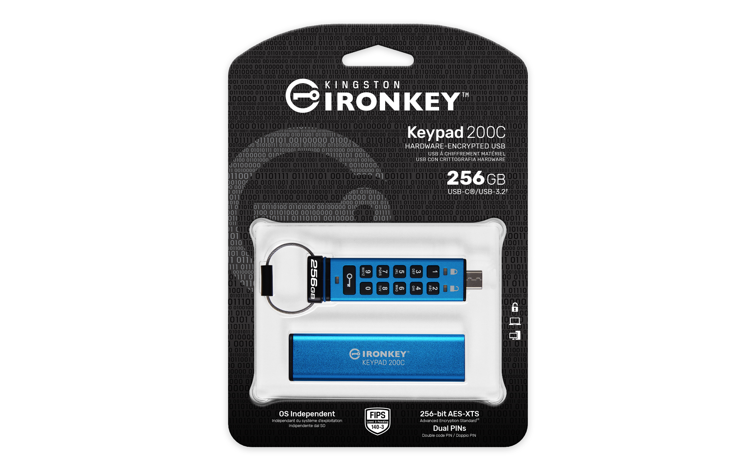 Kingston 256GB USB-C IronKey Keypad 200C, FIPS 140-3 Lvl 3 AES-256