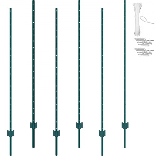 VEVOR 6 Feet Fence Post, 6 Pack U-Channel Heavy Duty Metal Fence Posts, Sturdy Steel Fence Stakes for Garden Yard, Lawn, Farms and Outdoor Wire Fencing, Green