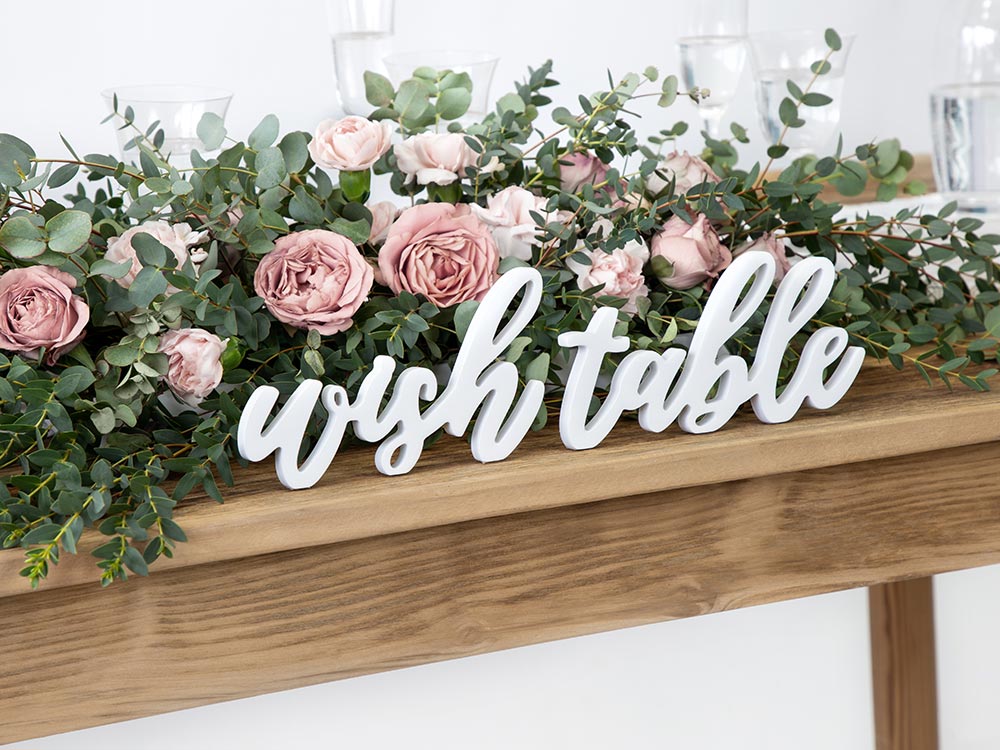 Puinen wish table -kyltti, Valkoinen