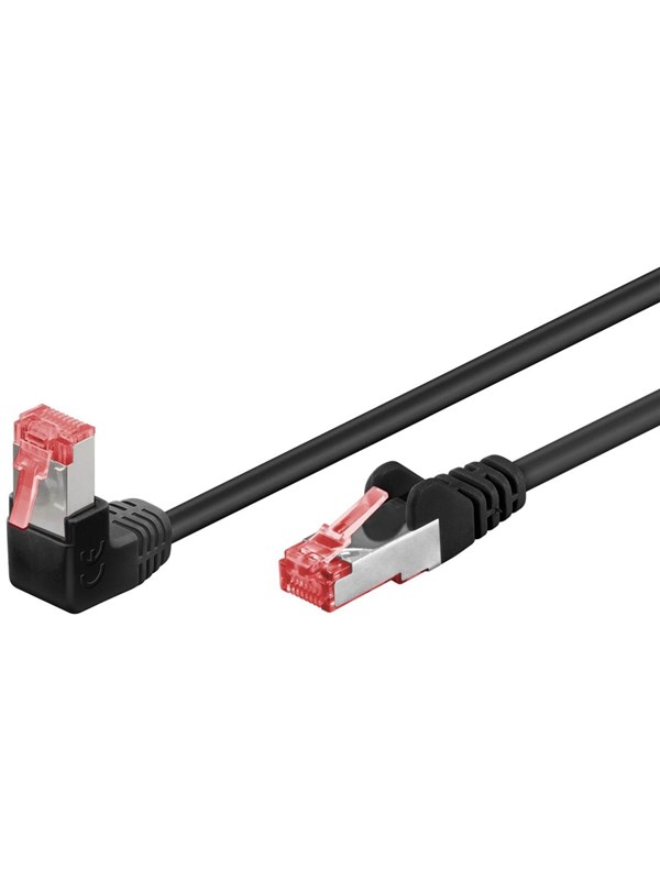 Goobay Patchkabel CAT 6, 1x 90° vinklad, S/FTP (PiMF), svart, 0,5 m kopparledare (CU), halogenfri kabelhölje (LSZH), snäpplås på toppen
