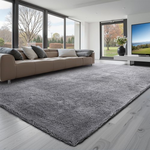 VEVOR Indoor Plush Area Rugs, 2.44 x 3.05m Soft Plush Carpet, Furry Shag Area Rugs for Living Room, Bedroom, Sunroom, Modern Home Decor Aesthetic, Non-Shedding, Non-Woven, Slip-Resistant, Smoke Gray