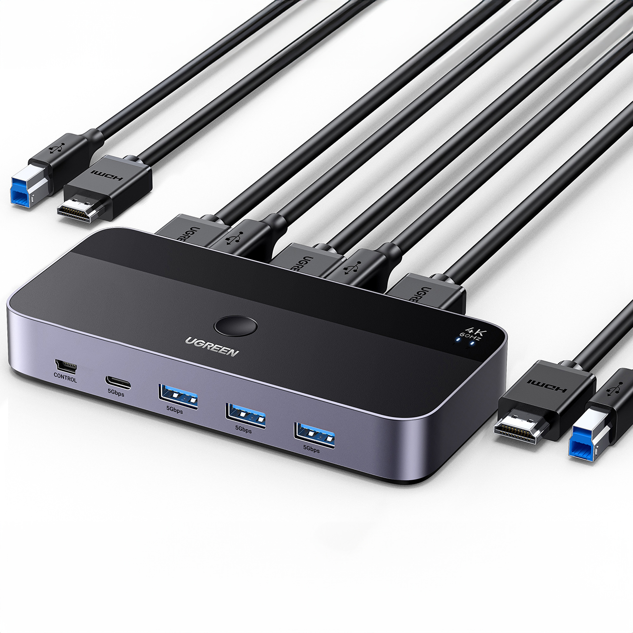 UGREEN HDMI KVM Switch 2 In 1 4K@60Hz USB 3.0 Switch (3*USB 3.0+ USB C) 2 USB Cables and 2 HDMI Cables