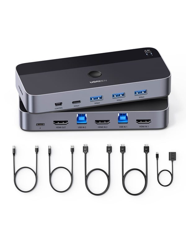 UGREEN HDMI KVM Switch 2 In 1 4K@60Hz USB 3.0 Switch (3*USB 3.0+ USB C) 2 USB Cables and 2 HDMI Cables