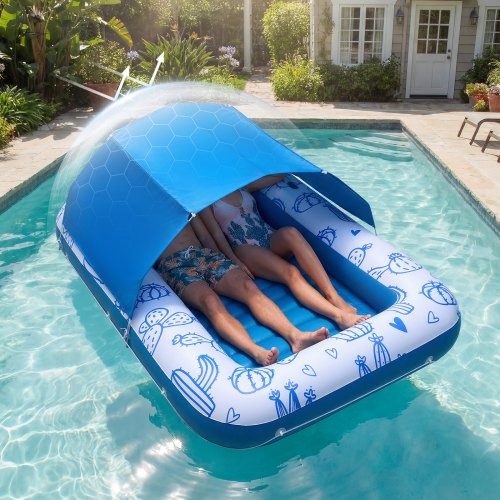 VEVOR Inflatable Pool Float with UPF 50+ Canopy, 2.09 x 1.4m Large Tanning Pool Floating Lounger for Adults, 250kg Capacity Sunbathing Lounger Floaties with Pillow, Phone & Cup Holder for Water Fun