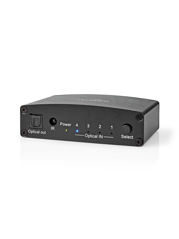Nedis Digitaalinen Audiokytkin | 4-suuntainen | Audio- / video- / datayhteyksien syöttö: DC Power / 4x TosLink | Audio- / video- / datayhteyksien ulostulo: TosLink Female | Kaukosäädin / Ohjekirja / Painonappi | Metalli | Musta