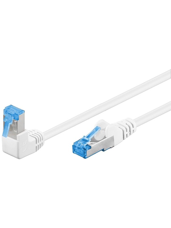 Goobay Patchkabel CAT 6A, 1x 90° vinklad, S/FTP (PiMF), vit, 5 m kopparledare (CU), halogenfri kabelhölje (LSZH), snäpplås på toppen