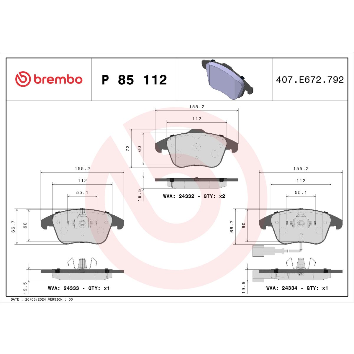 Jarrupalat, levyjarru BREMBO P 85 112