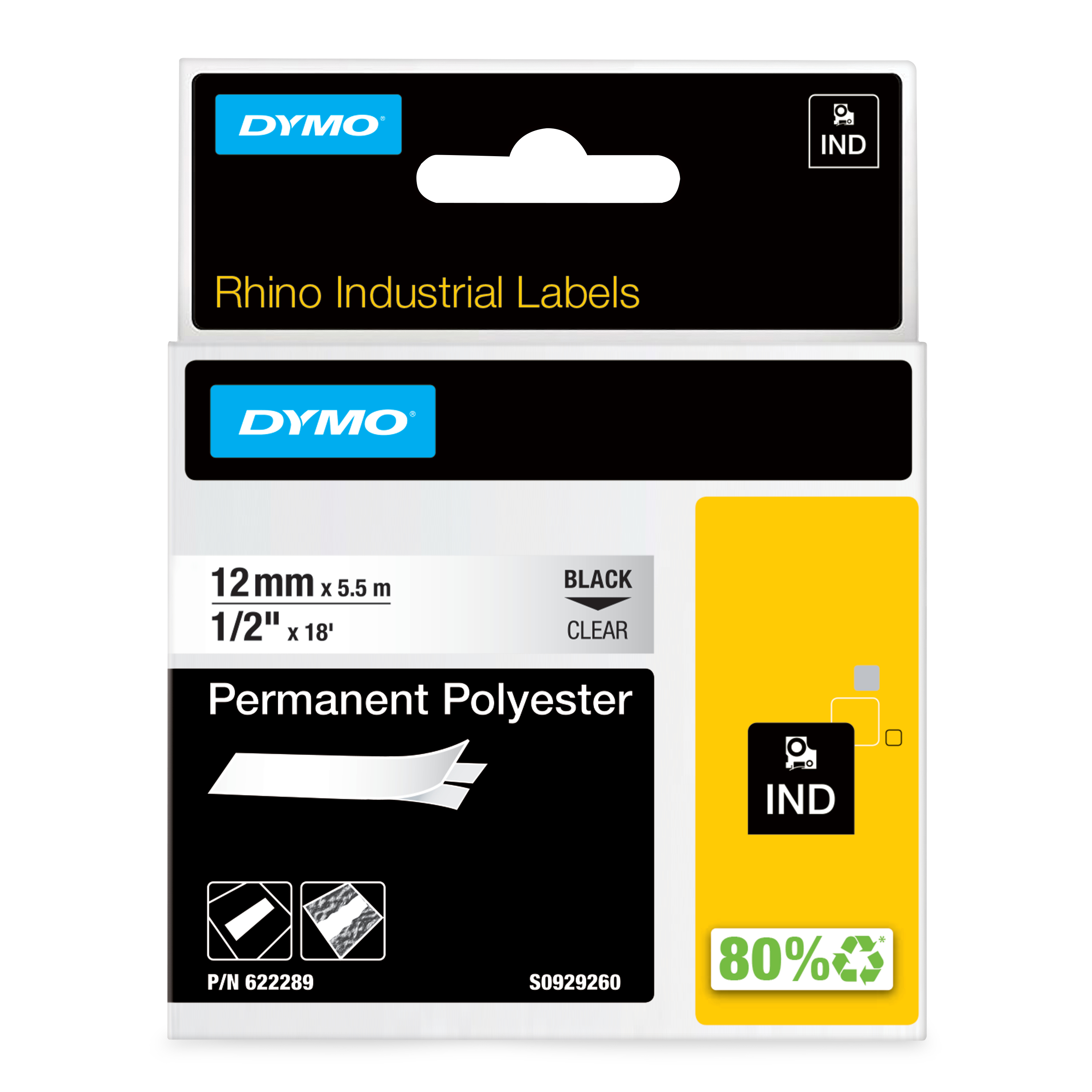 Dymo Tape Rhinopro Pysyvä Polyesteri 12mm Musta/läpinäkyvä