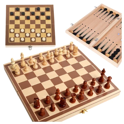 3-in-1 Puinen Lautapelisetti (Shakki, Tammi & Backgammon)