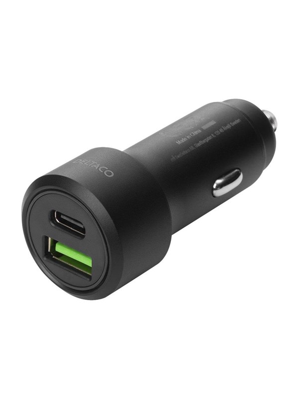 DELTACO USB-autolaturi, 1x USB-C, PD 20 W, 1x USB-A, 18 W, 38 W, musta