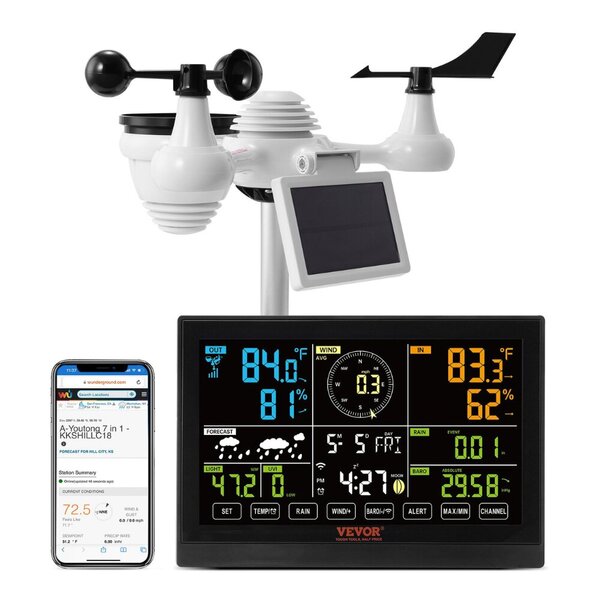 VEVOR 7-in-1 Wi-Fi Weather Station, 19.1 cm (7.5-inch) Color Display, Home Weather Station Indoor Outdoor, with Solar Wireless Outdoor Sensor Alarm Alerts, for Temperature Humidity Wind Speed/Direction Rain