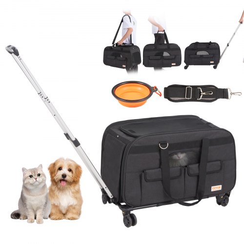 VEVOR Cat Carrier with Wheels, Rolling Pet Carrier with Telescopic Handle and Shoulder Strap, Dog Carrier with Wheels for Pets under 15.9 kg, with 1 Folding Bowl, Black