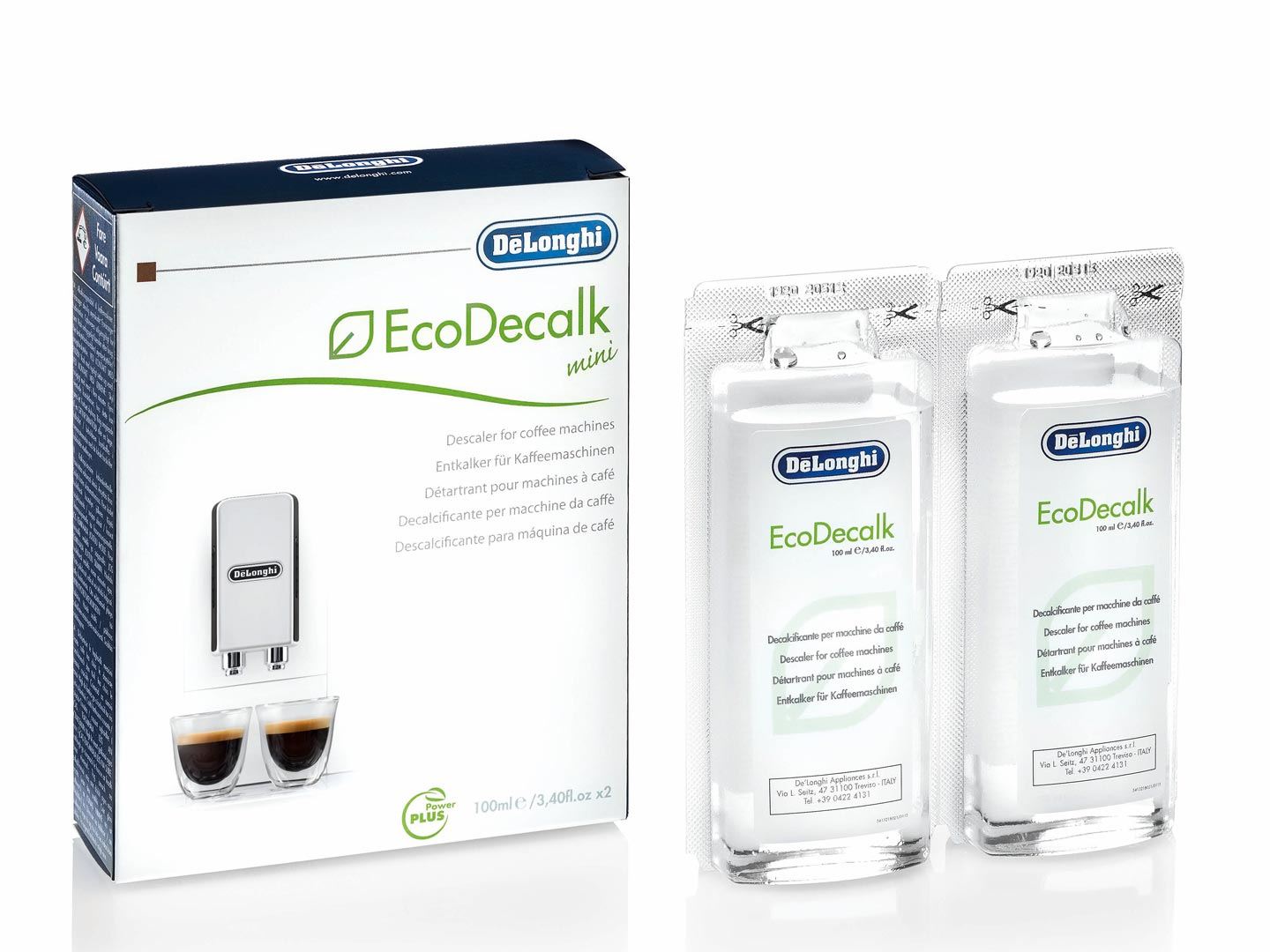 DeLonghi EcoDecalk Mini -kahvikoneen kalkinpoistoaine, 2 x 100 ml