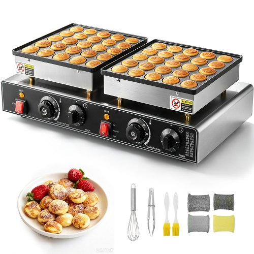 VEVOR 50PCS Mini Dutch Pancake Maker, Non-stick Stainless Steel Dorayaki Baker, 1800W Commercial Electric Poffertjes Grill Pan, Dual Temp & Time Control, for Kitchen Restaurant Breakfast Dessert