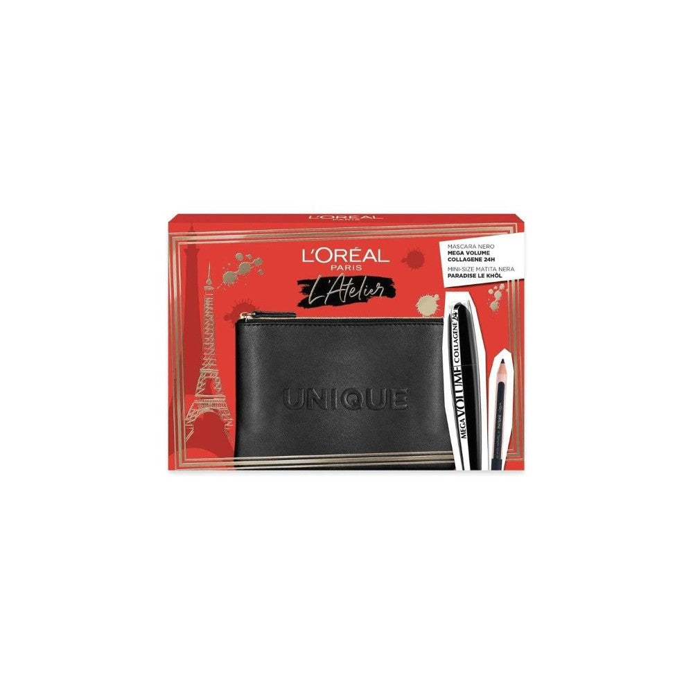 L'Oreal Paris -setti: L'Oreal Paris Kajal Black Eye Pencil 1,5 g + Mega Volume Collagen 24 tuntia vedenpitävä ripsiväri Mega Black 9 ml + musta kangas