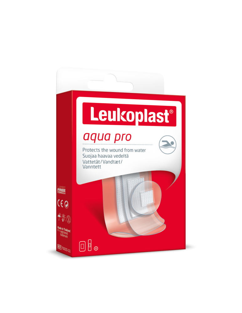 Leukoplast Aqua Pro laastarivalikoima: 38 x 63 mm 6 kpl, 19 x 72 mm 8 kpl, 24 mm 6 kpl