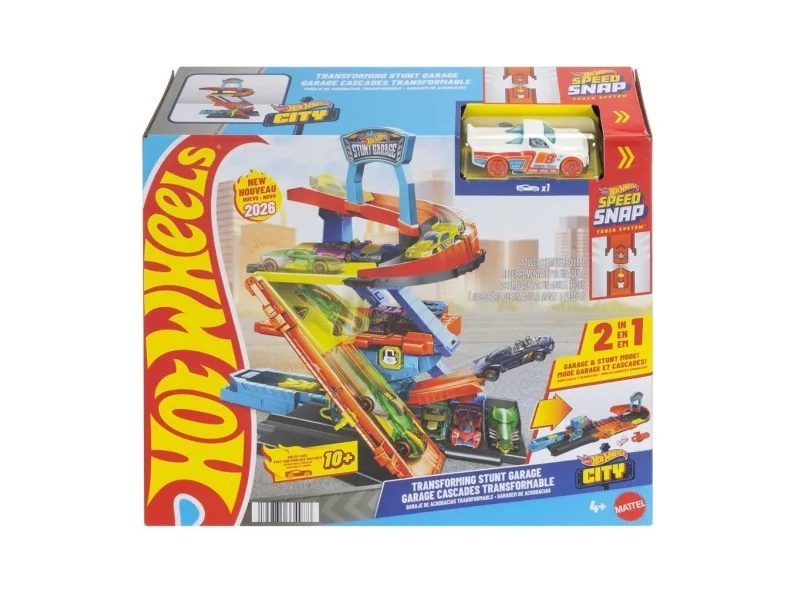 Hot Wheels City Transforming Stunt Garage -leikkisetti, 1:64-mittakaavan metallinen leluauto ja stunttihyppy, Ajoneuvo ja ratasetti, 4 vuosi/vuosia, Muovi, Monivärinen