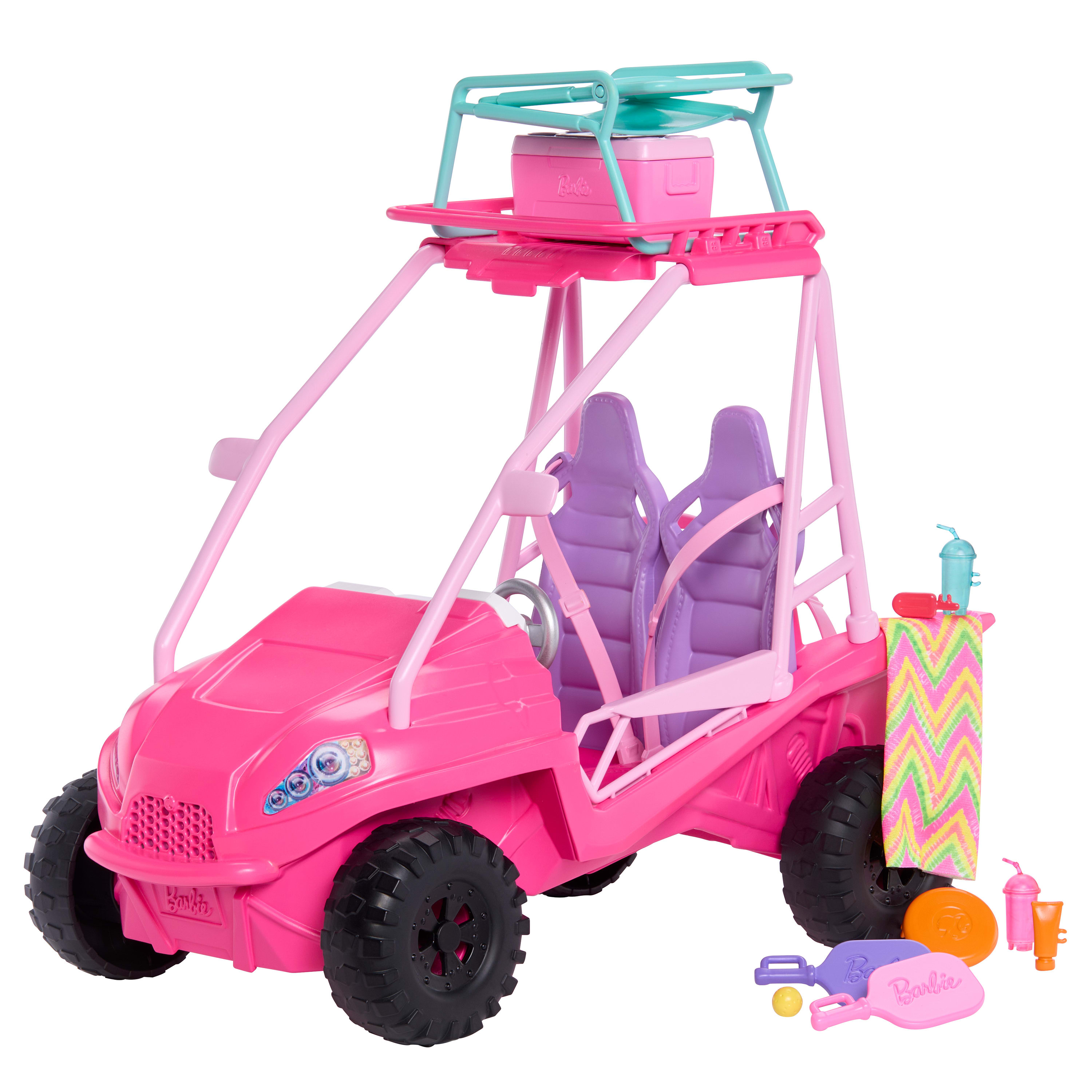 Barbie-nukke, rantakärryt tarvikkeineen, sopii neljälle nukelle