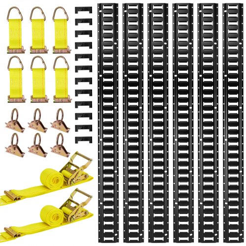 VEVOR E-Track Tie-Down Rail Kit, 6 Pack 1.5 m E Track Rails, 26 Pcs Includes 2 Ratchet Straps & 6 O-Rings & 6 Tie-Offs with D-Ring & 12 End Caps, Fit for Garages Vans Trailers Motorcycles